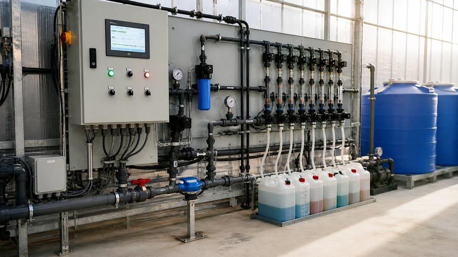 Sistema de fertirrigación con tablero SCADA y bidones